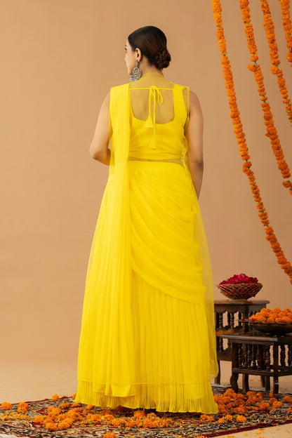 Mustard Yellow Georgette Draped Jacket Saree Set