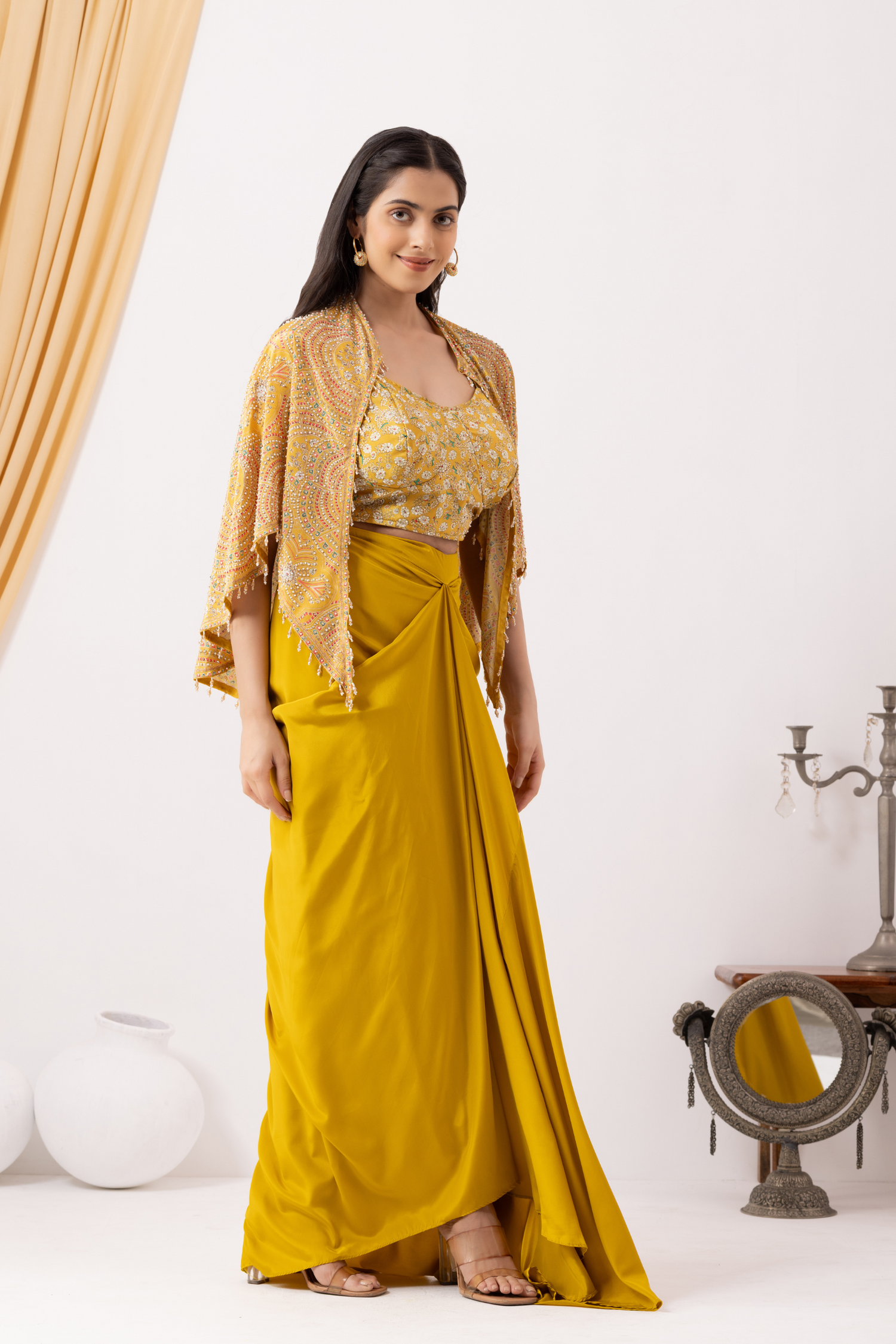 Yellow Indowestern Strappy Crop Top Draped Skirt with Cape Set