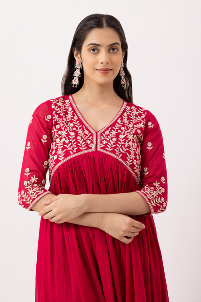 Rose Red Crepe Printed &amp; Hand Embroidered Anarkali Set