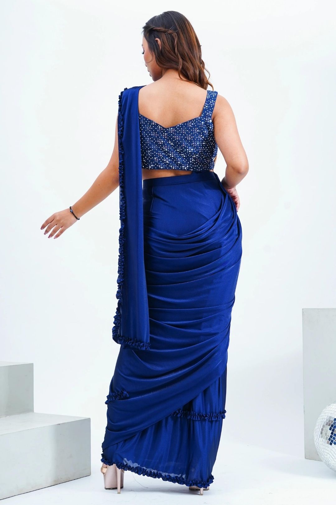 Midnight Blue Satin Draped Saree With Mirror Work Blouse