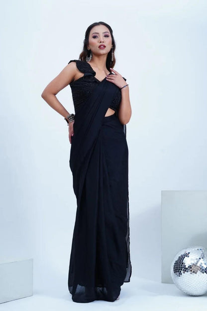 Black Chinon Drape Saree With Stylish Pearl Work Blouse