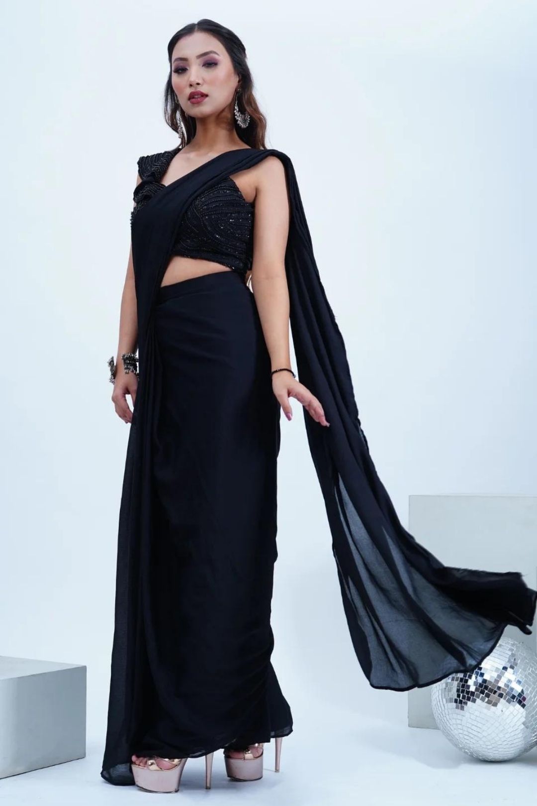Black Chinon Drape Saree With Stylish Pearl Work Blouse