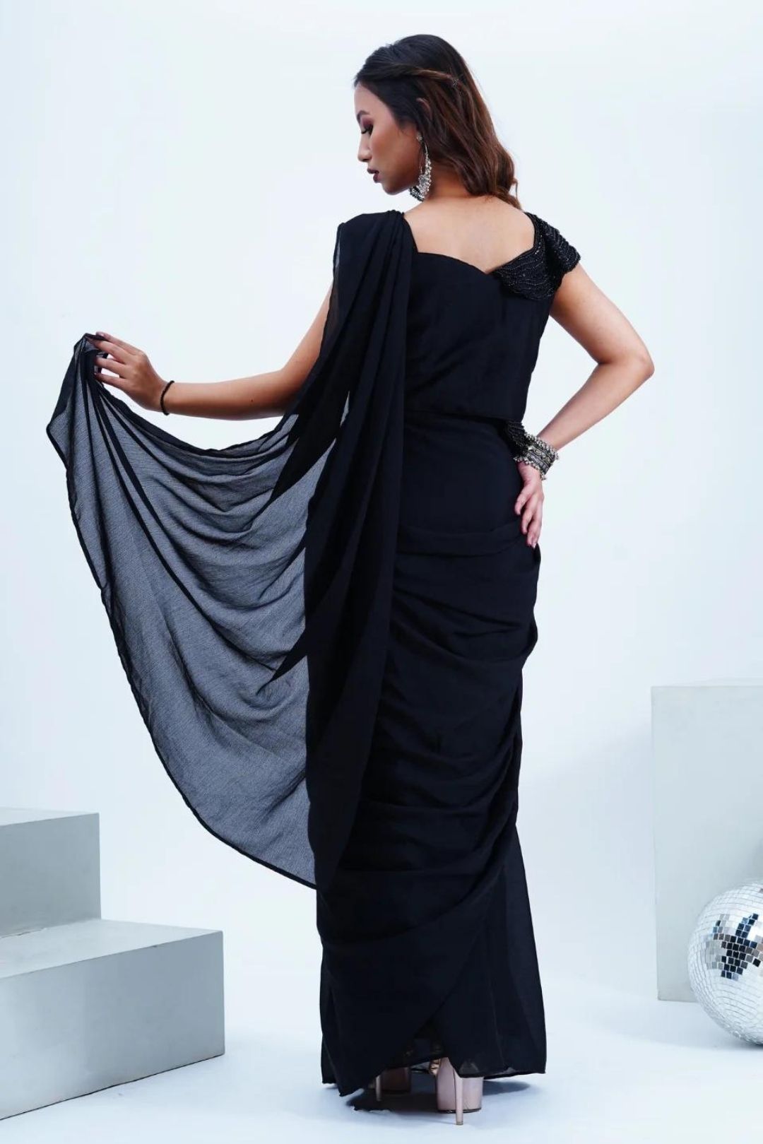 Black Chinon Drape Saree With Stylish Pearl Work Blouse