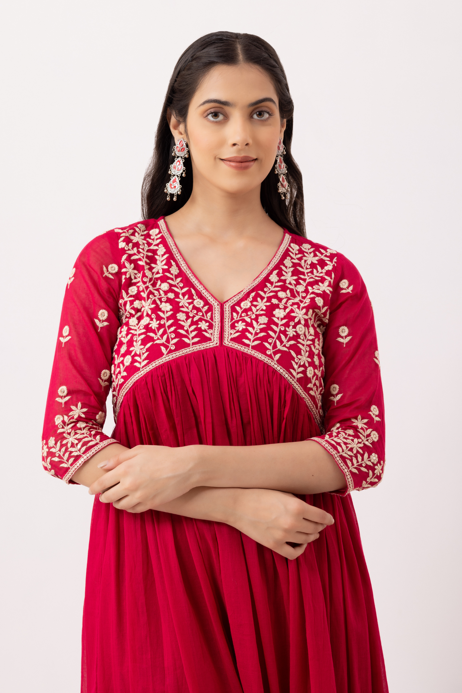 Mulmul Cotton Pink Anarkali Kurta with Pant &amp; Dupatta