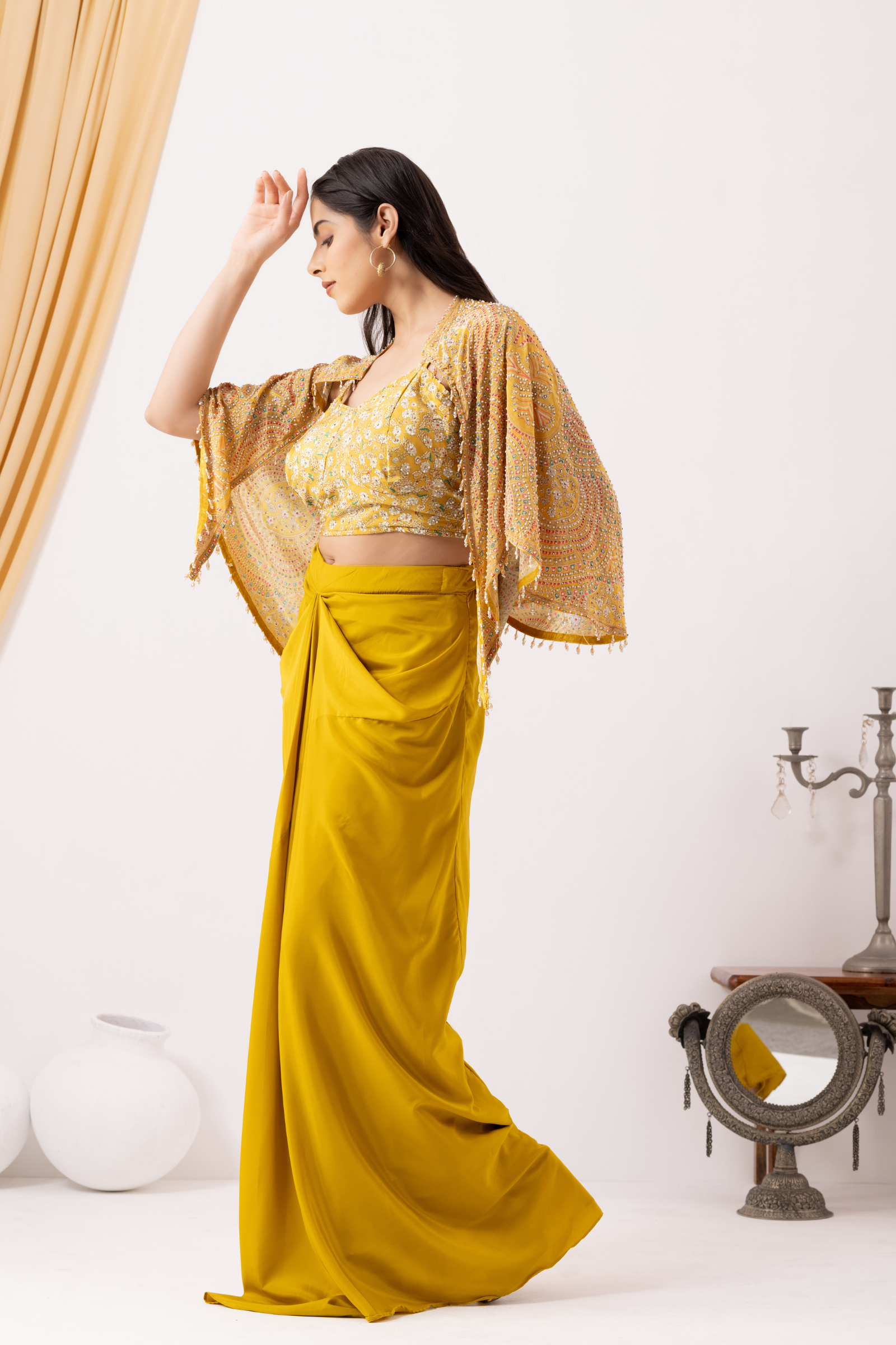 Yellow Indowestern Strappy Crop Top Draped Skirt with Cape Set