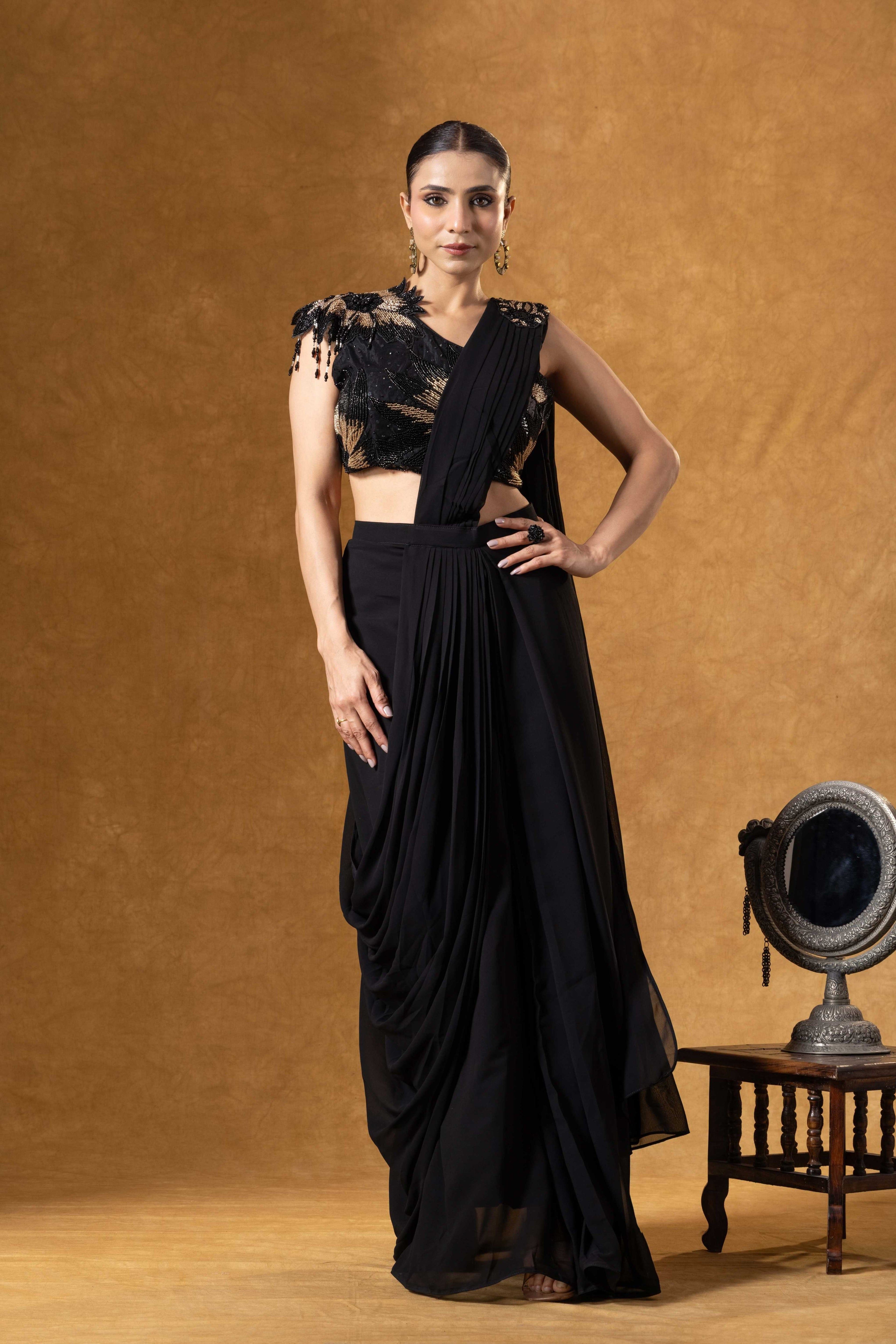 Noir Muse One-Shoulder Black Saree Ensemble