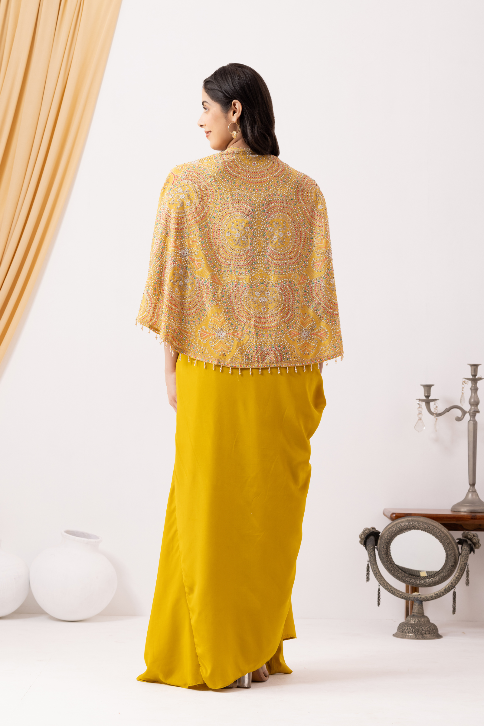 Yellow Indowestern Strappy Crop Top Draped Skirt with Cape Set