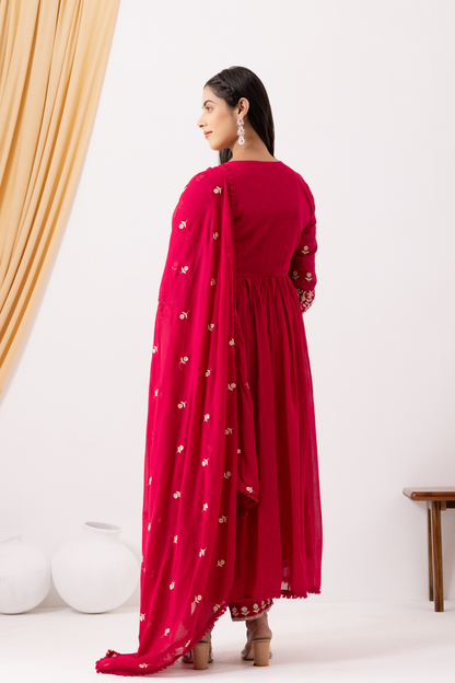 Mulmul Cotton Pink Anarkali Kurta with Pant &amp; Dupatta