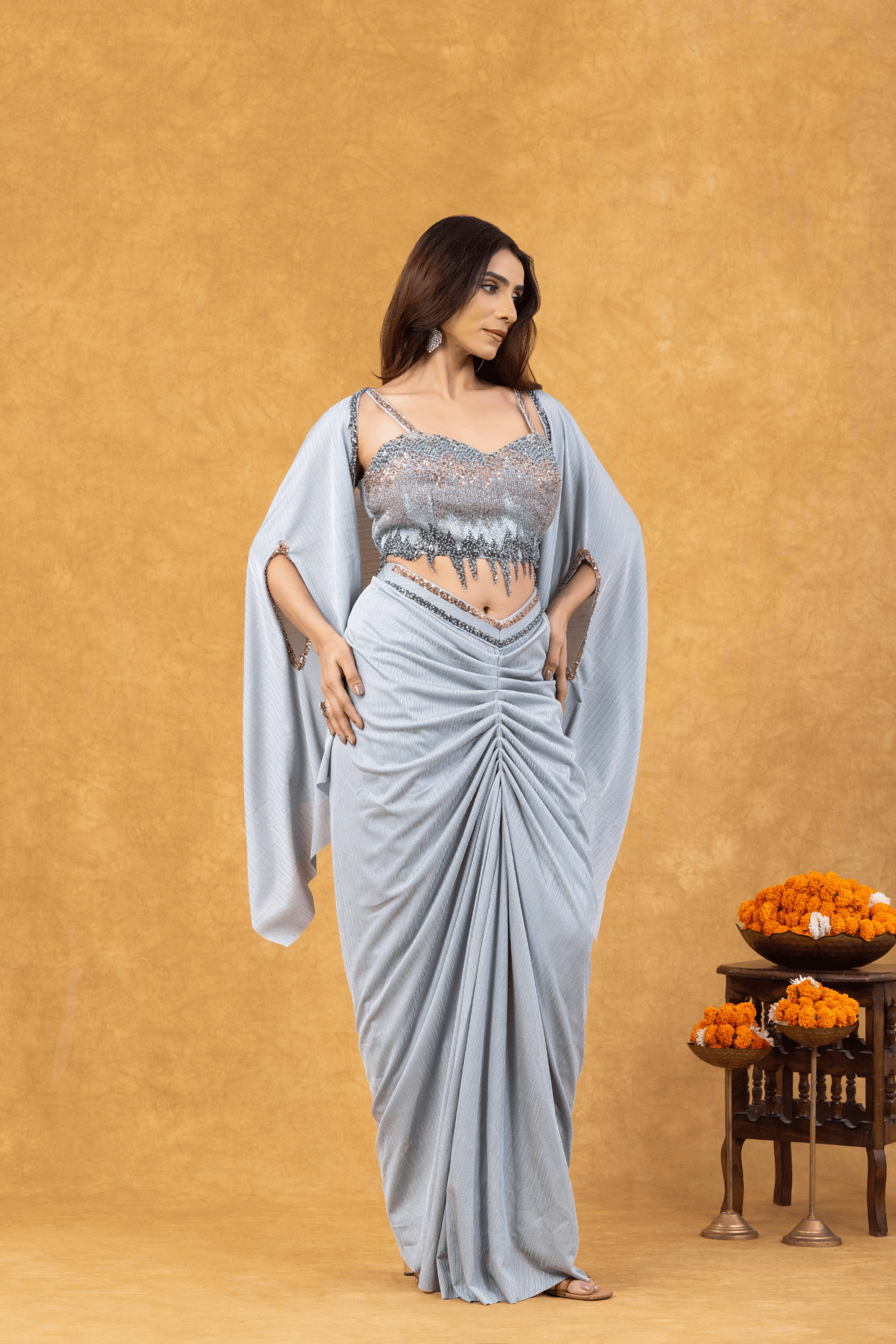 Ice Blue Mist Draped with Sequined Bustier &amp; Cape