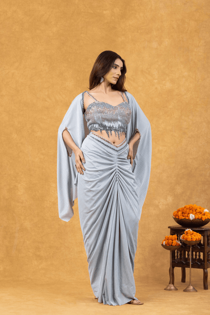 Ice Blue Mist Draped with Sequined Bustier &amp; Cape