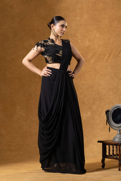 Noir Muse One-Shoulder Black Saree Ensemble