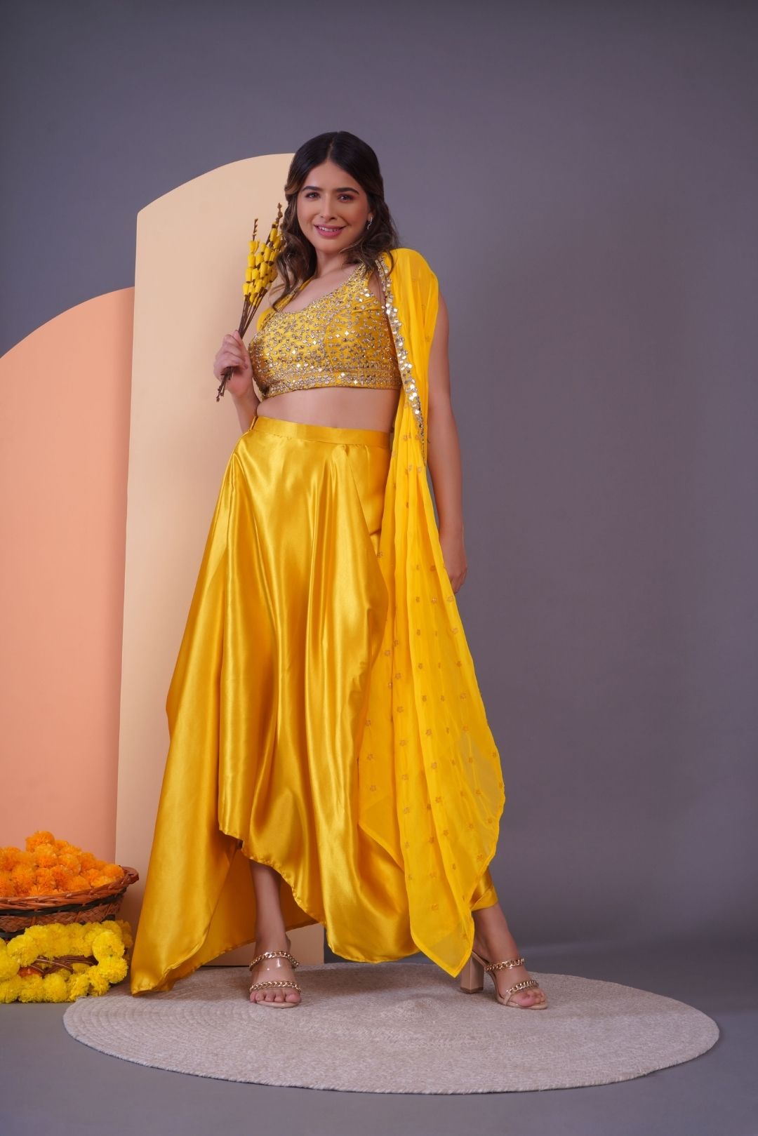 Yellow Mirror Work Dhoti Style Set in