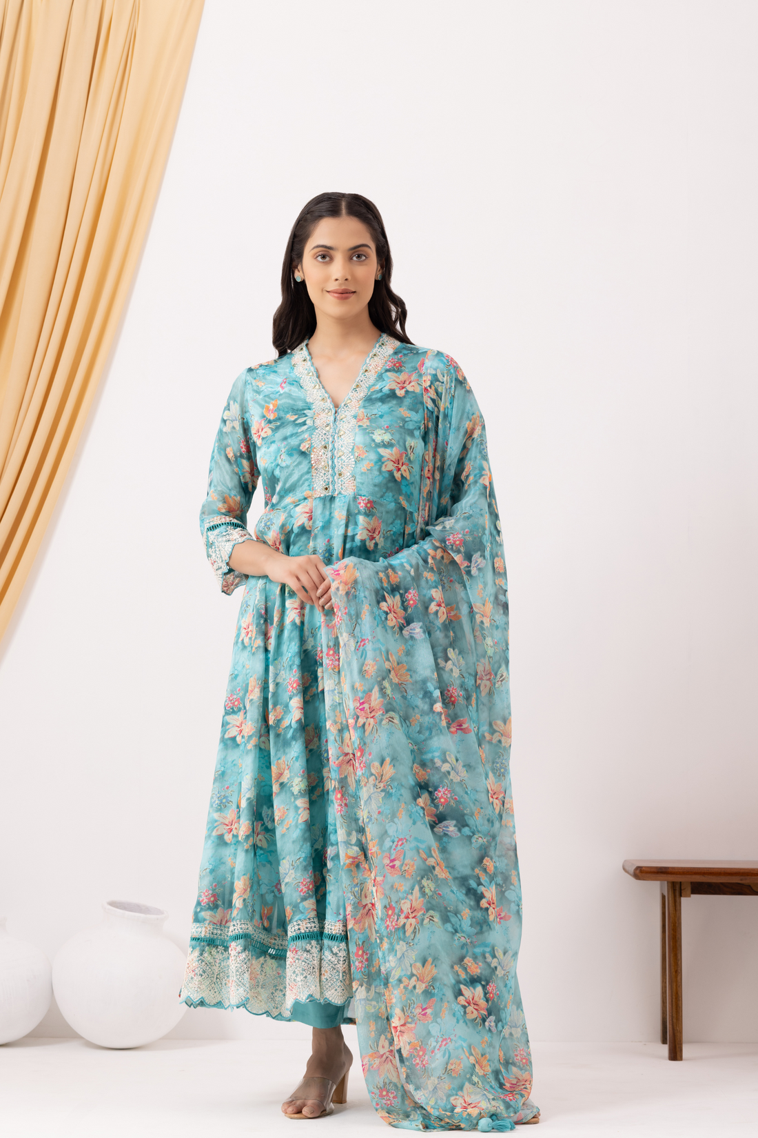 Turquoise Crepe Printed &amp; Hand Embroidered Anarkali Set