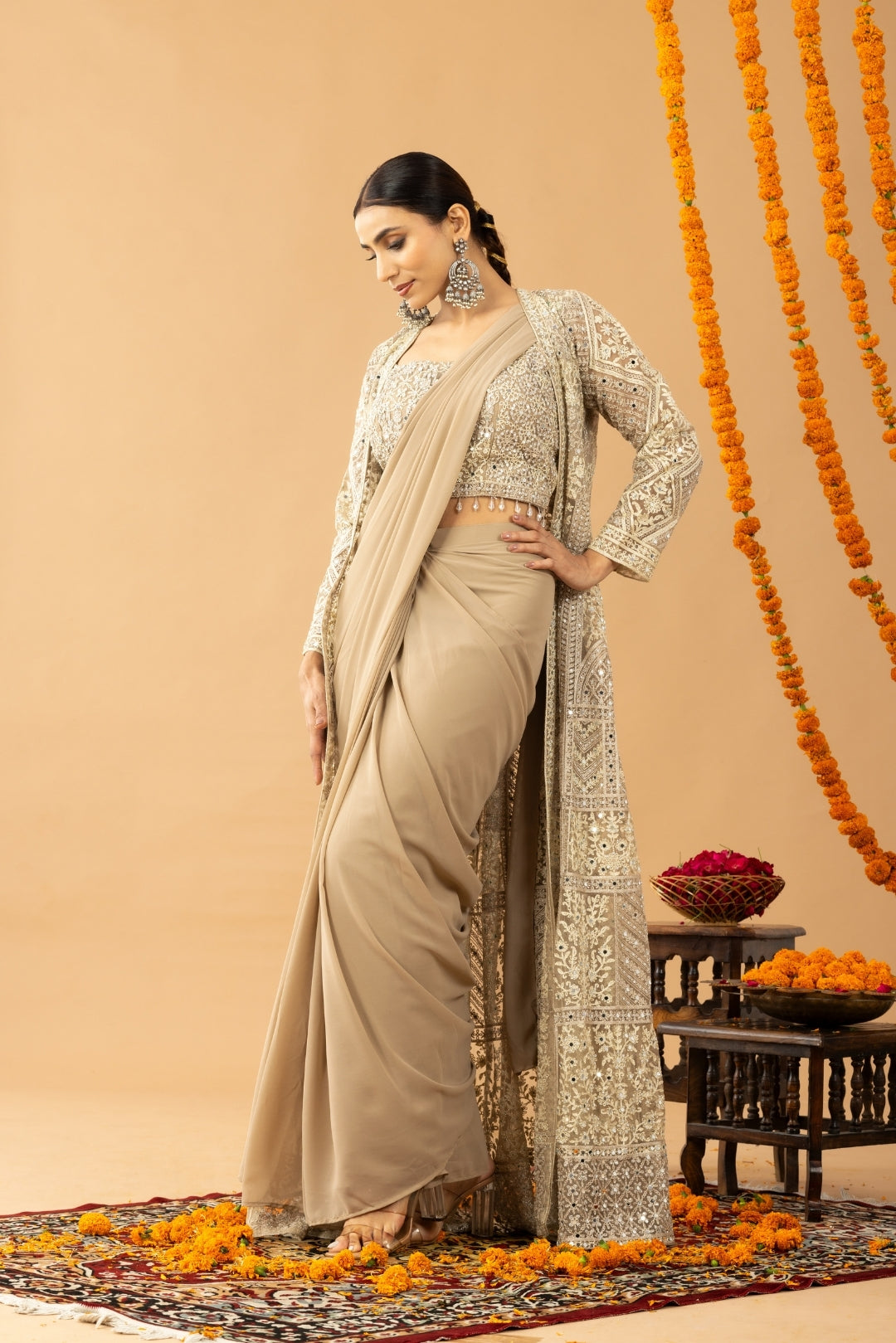 Beige Gold Draped Saree with Heavy Embroidered Shrug &amp; Blouse