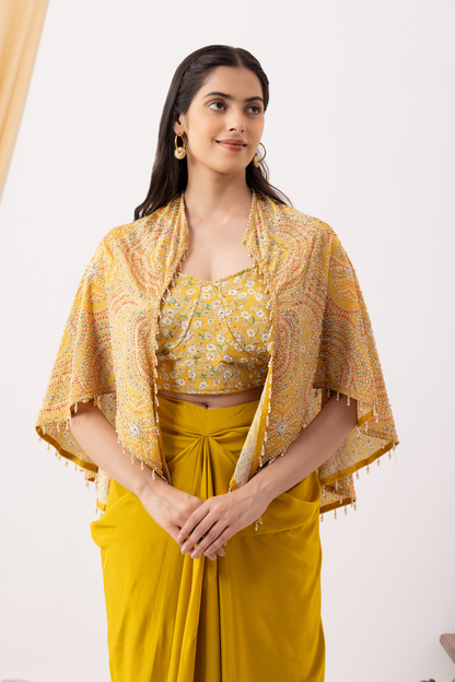 Yellow Indowestern Strappy Crop Top Draped Skirt with Cape Set