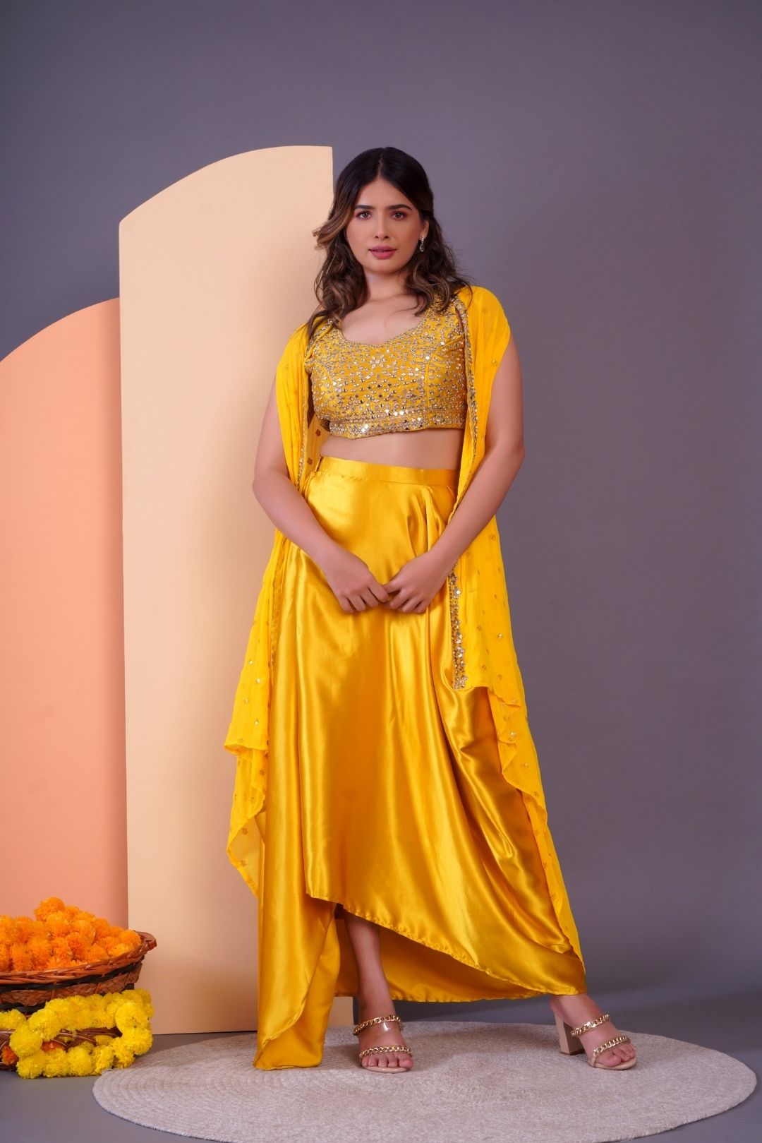 Yellow Mirror Work Dhoti Style Set in