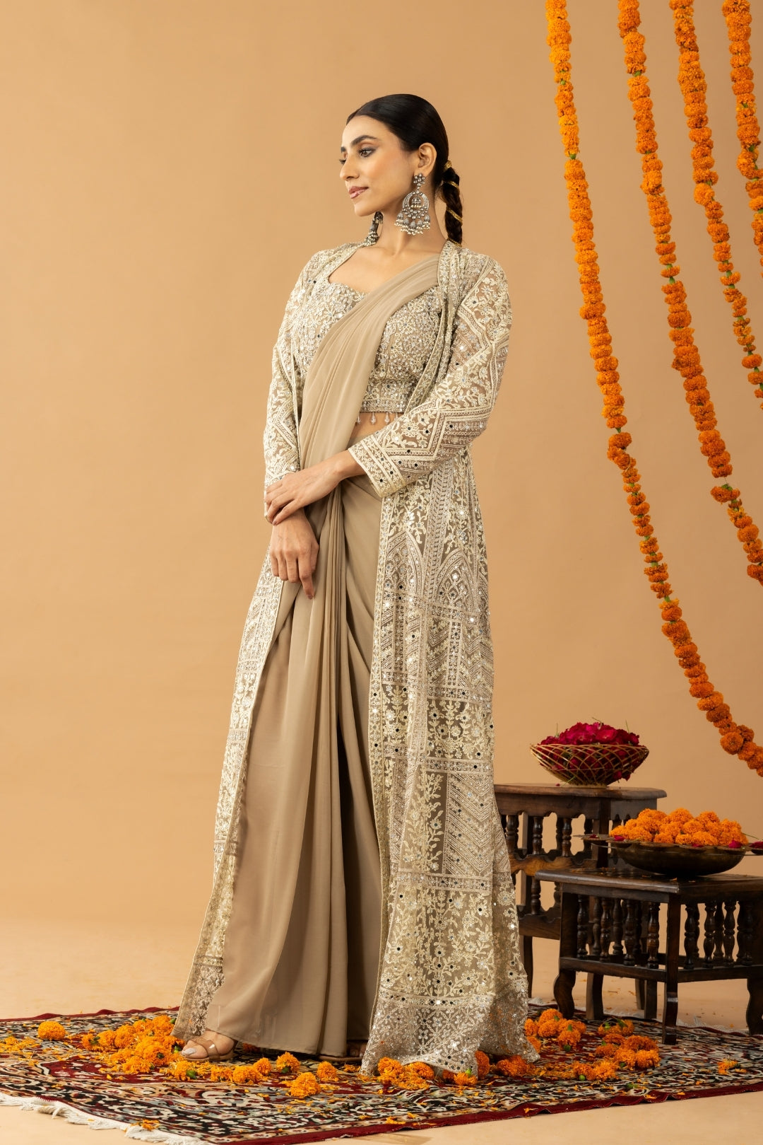 Beige Gold Draped Saree with Heavy Embroidered Shrug &amp; Blouse