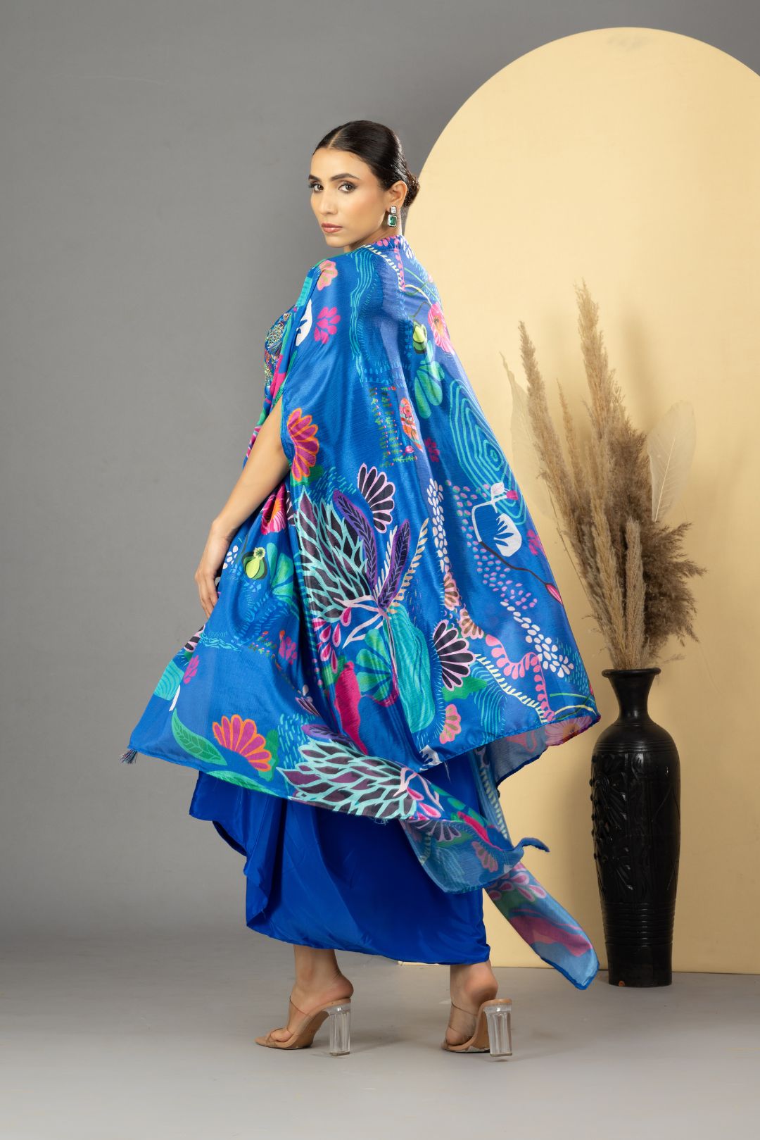 Blue Asymmetric Dhoti Skirt With Cape & Blouse