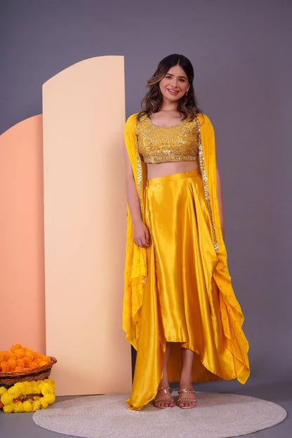 Yellow Mirror Work Dhoti Style Set in