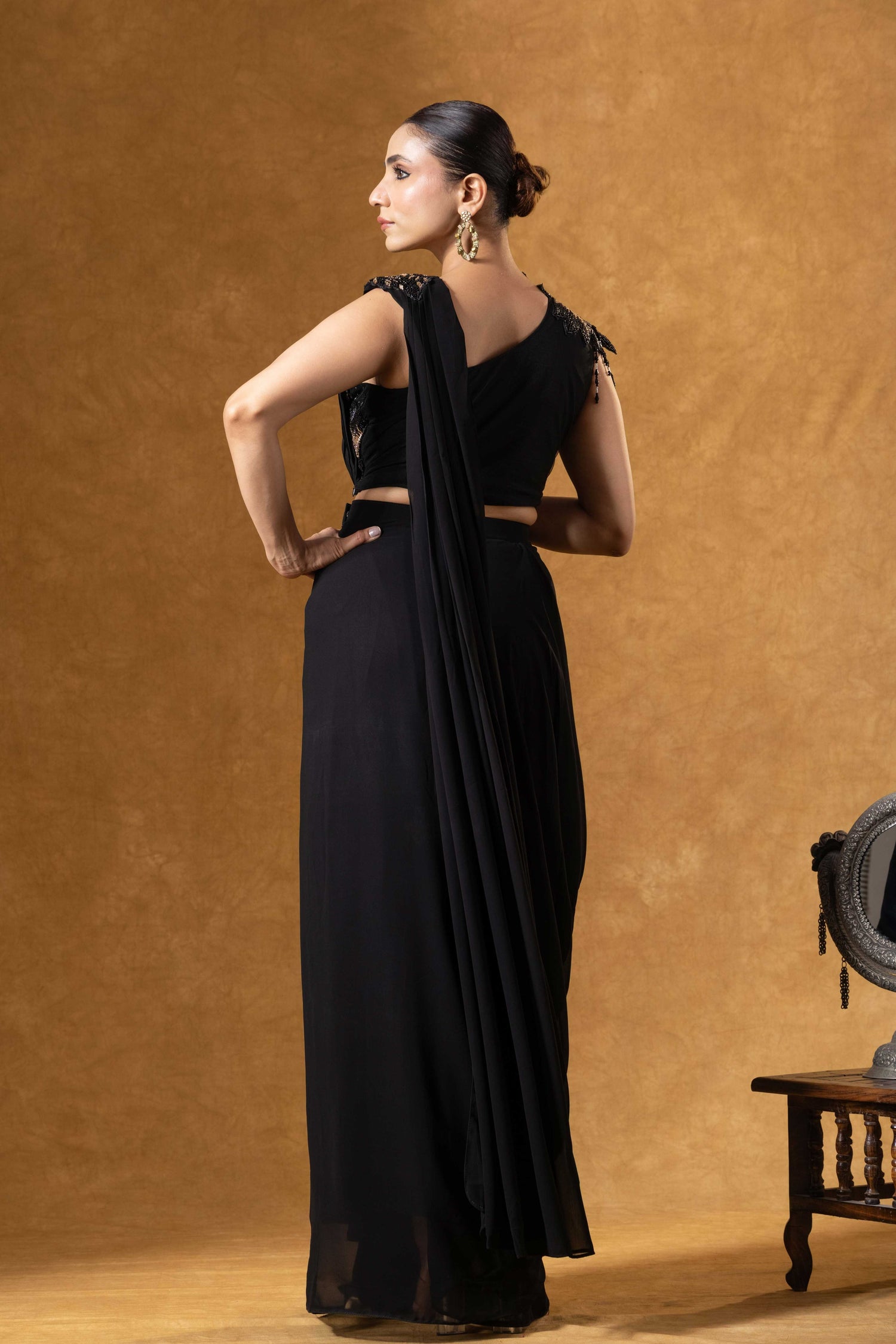 Noir Muse One-Shoulder Black Saree Ensemble
