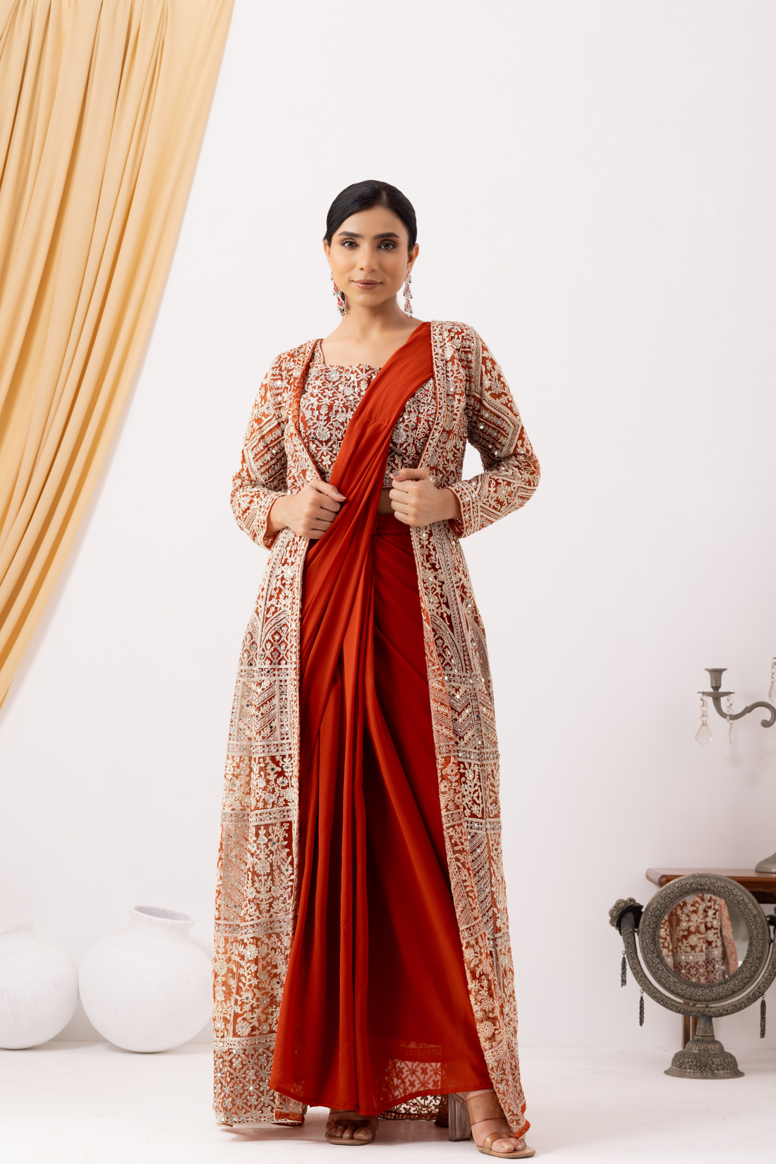 Rust Gold Draped Saree with Heavy Embroidered Shrug &amp; Blouse