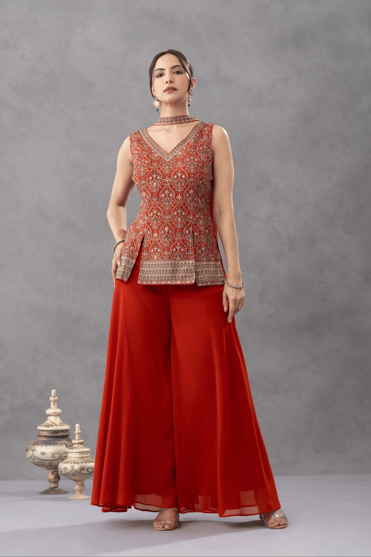 Rust  Embroidered Top with Palazzo Pants