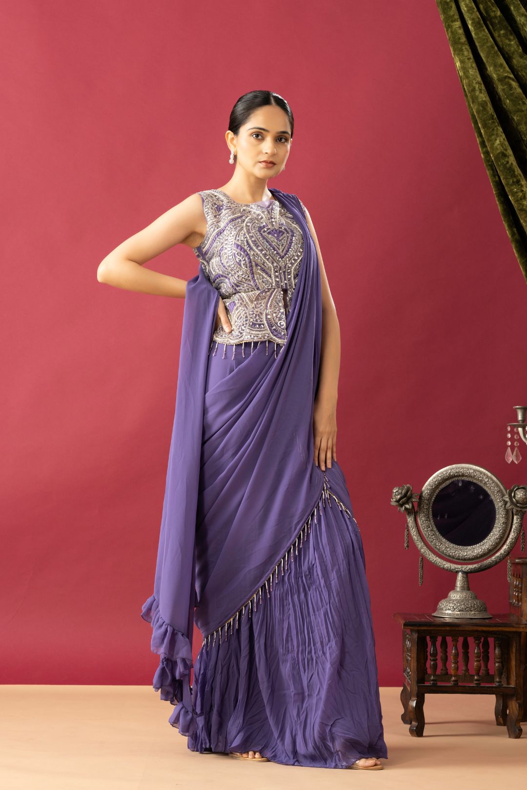 Party Wear Pleated Lilac Saree