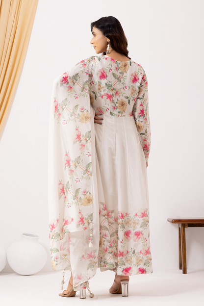 Pearl white Printed &amp; Hand Embroidered Anarkali Set