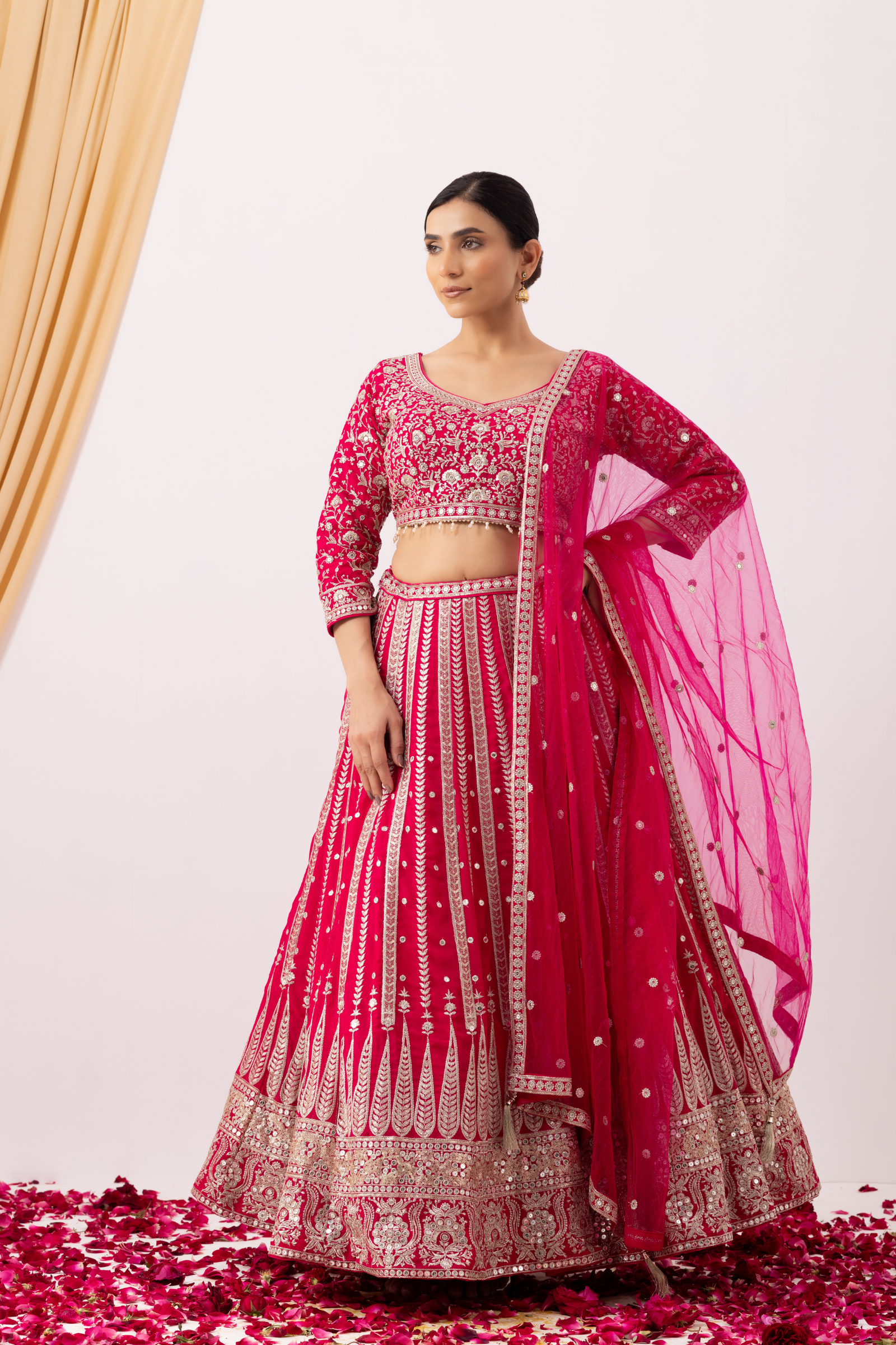 Magenta Pink Lehenga Set with Zari Embellished Blouse and Embellished Cape