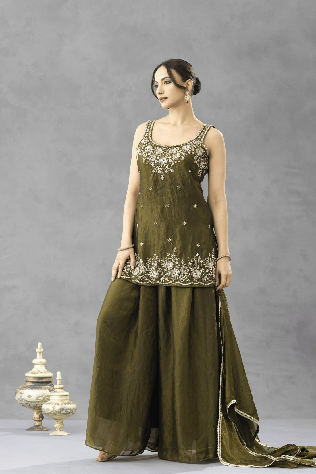 Deep Olive Green Embroidered Kurta Palazzo Set