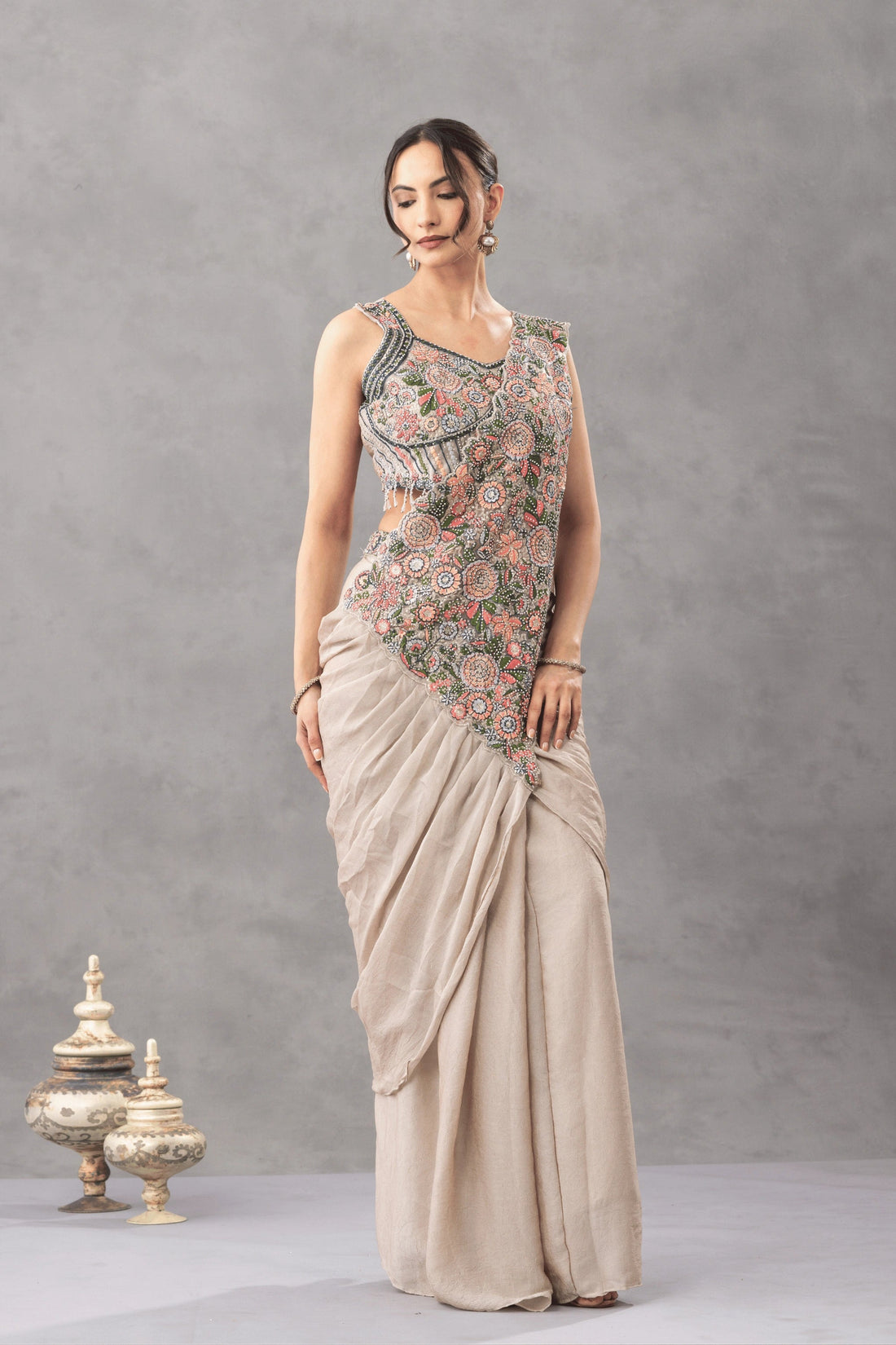 Warm Beige Draped Saree with Floral Embroidered Blouse