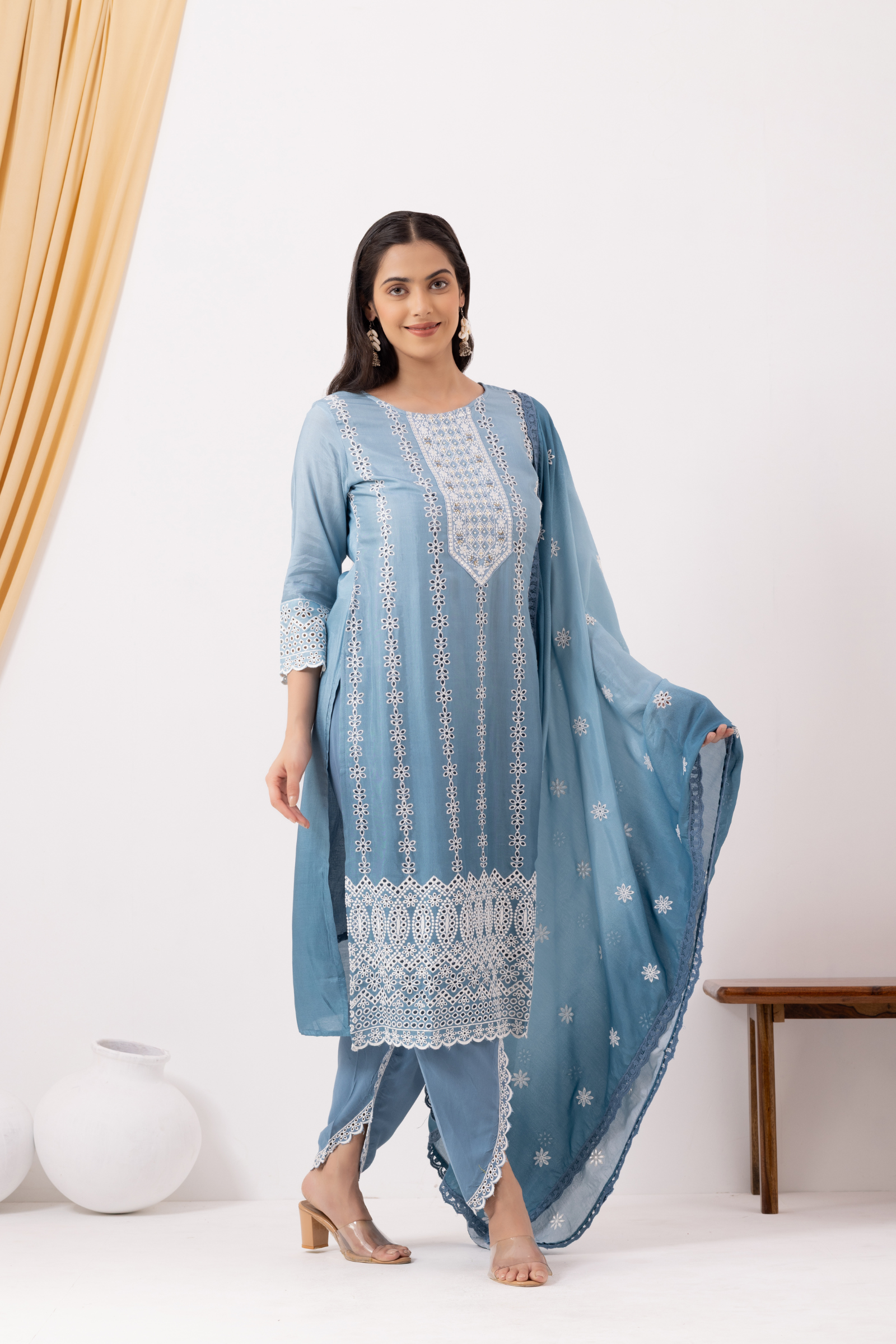 Blue Chikankari Kurta with Tulip Pants Set