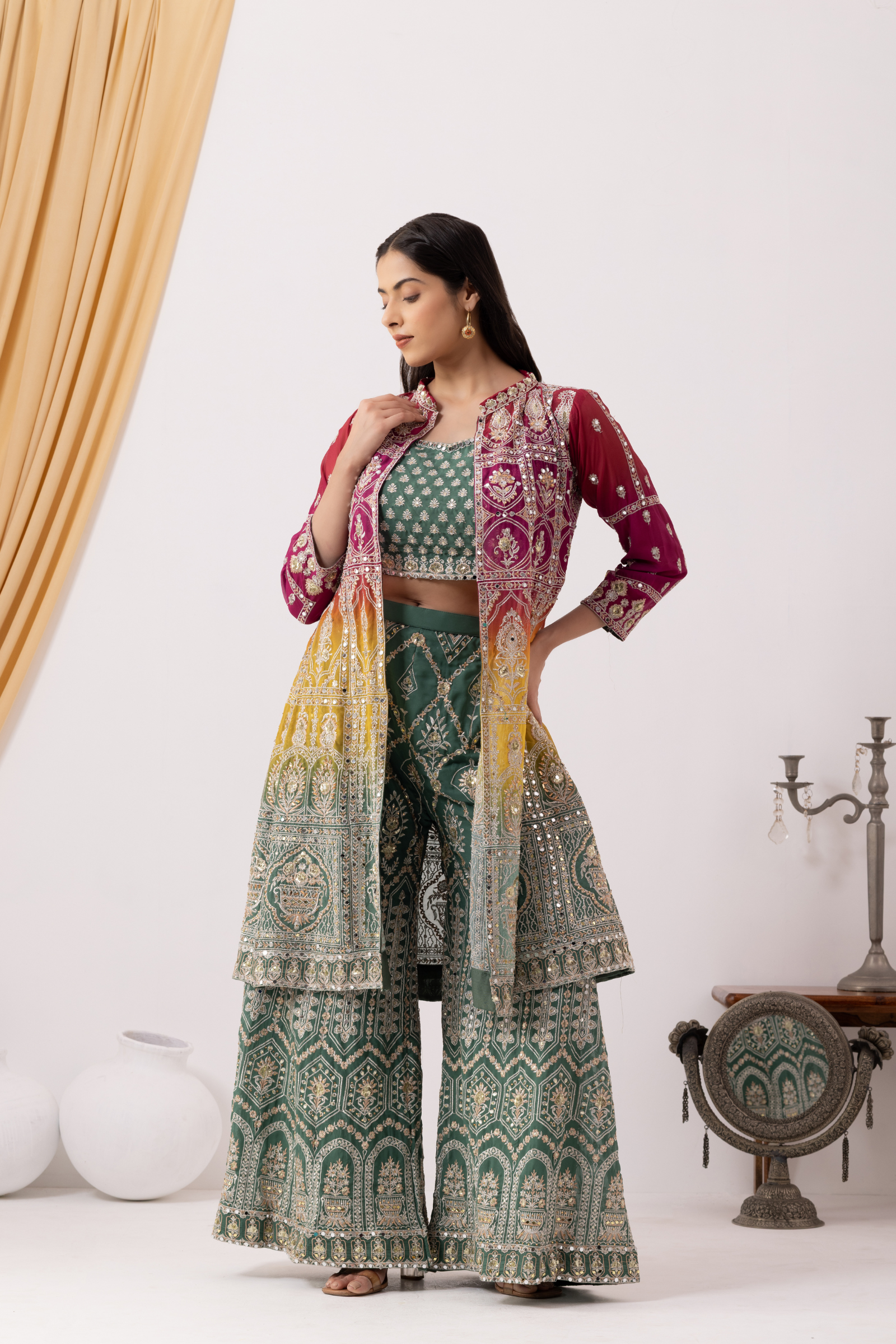 Georgette Dusty Green Designer Sharara Suit Set with Jacket