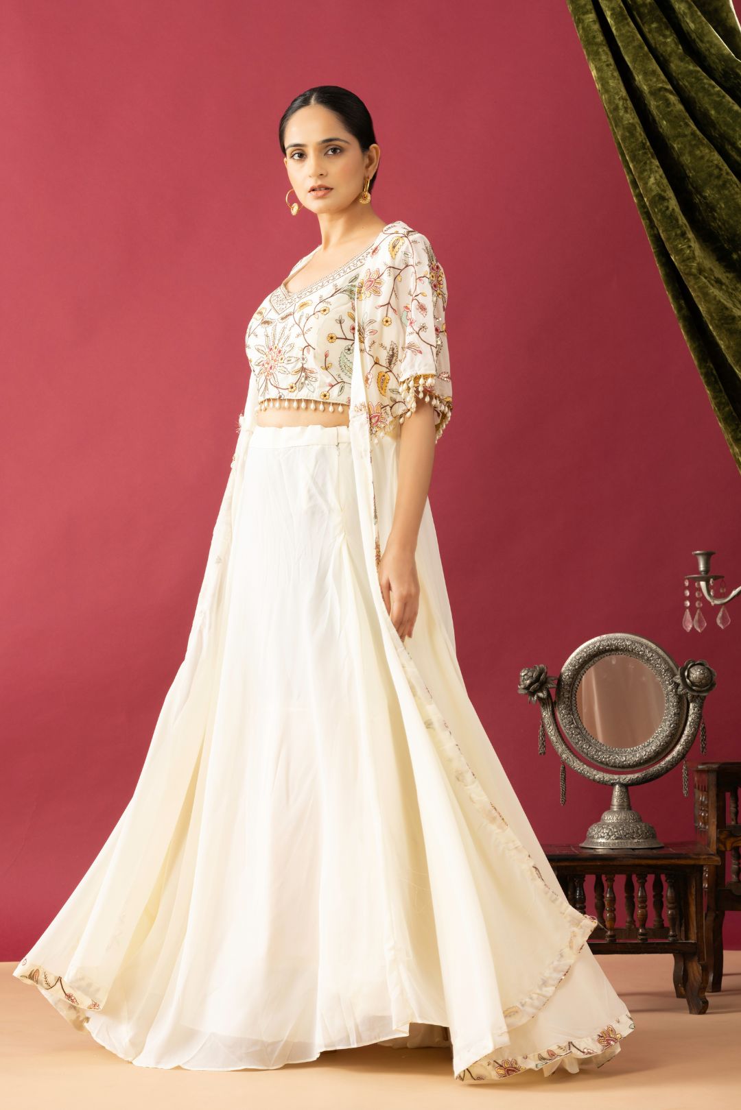 Embroidered White Lehenga set in Cape Style