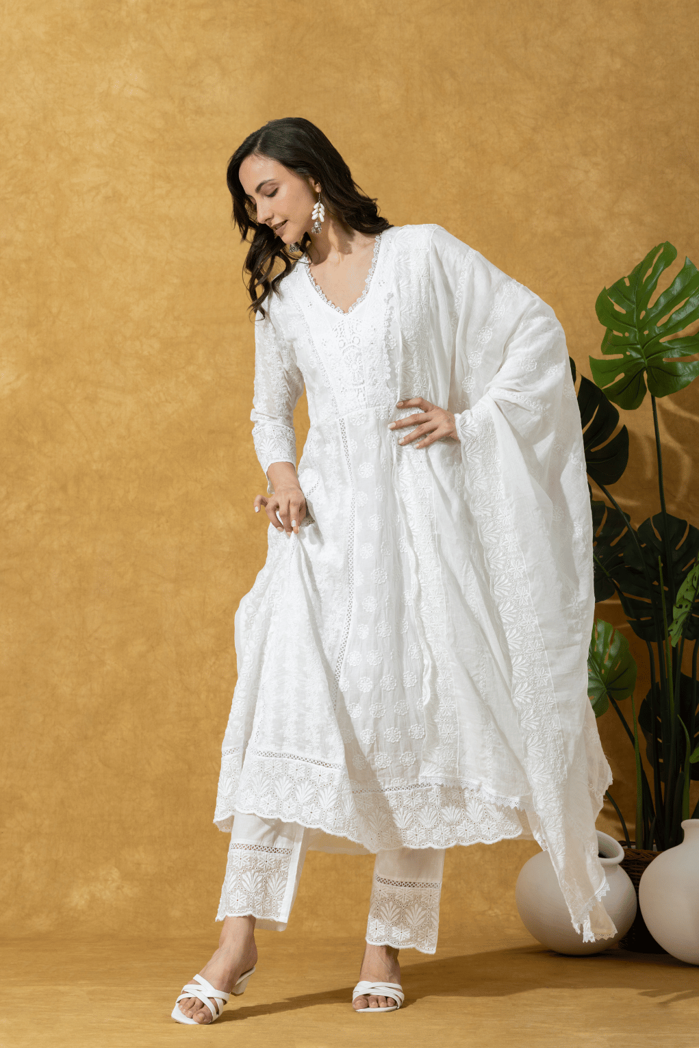 Ivory Embroidered Chikankari  Anarkali Suit Set