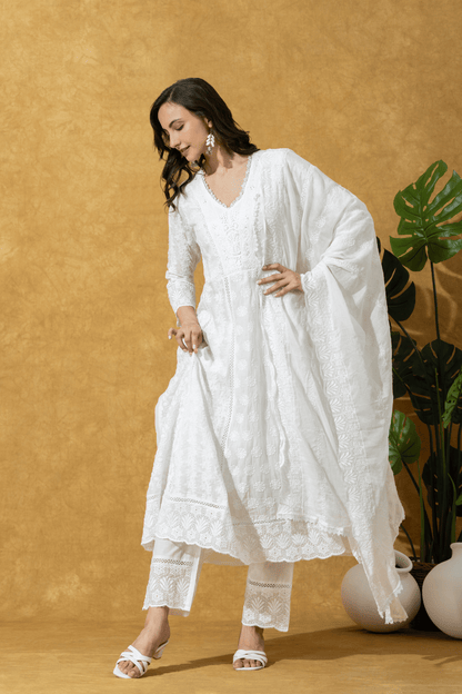 Ivory Embroidered Chikankari  Anarkali Suit Set