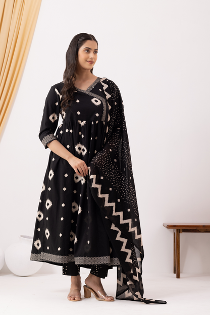 Black Cotton Printed Angrakha Anarkali Suit Set