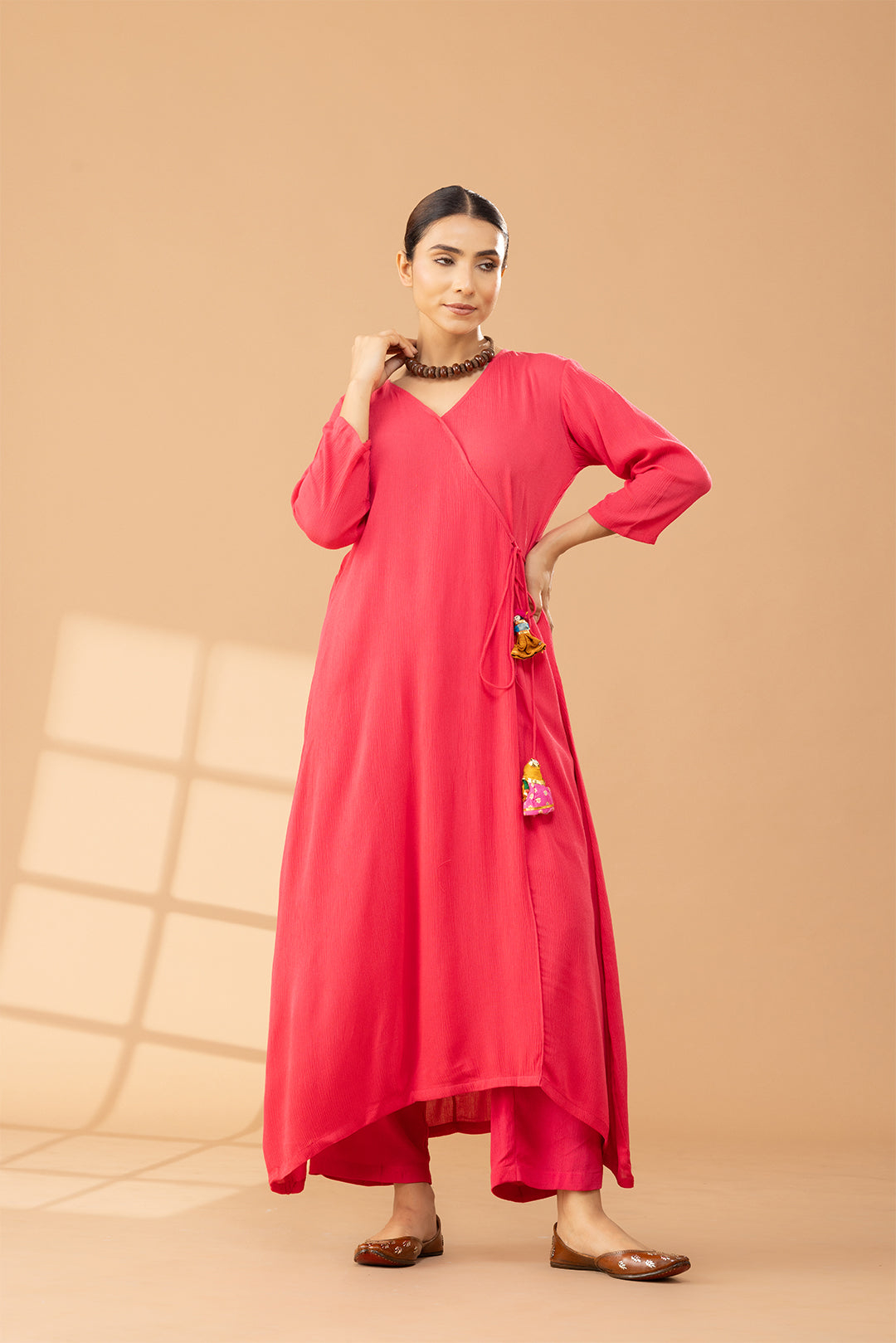 Bright Pink Cotton Angrakha Kurta Set