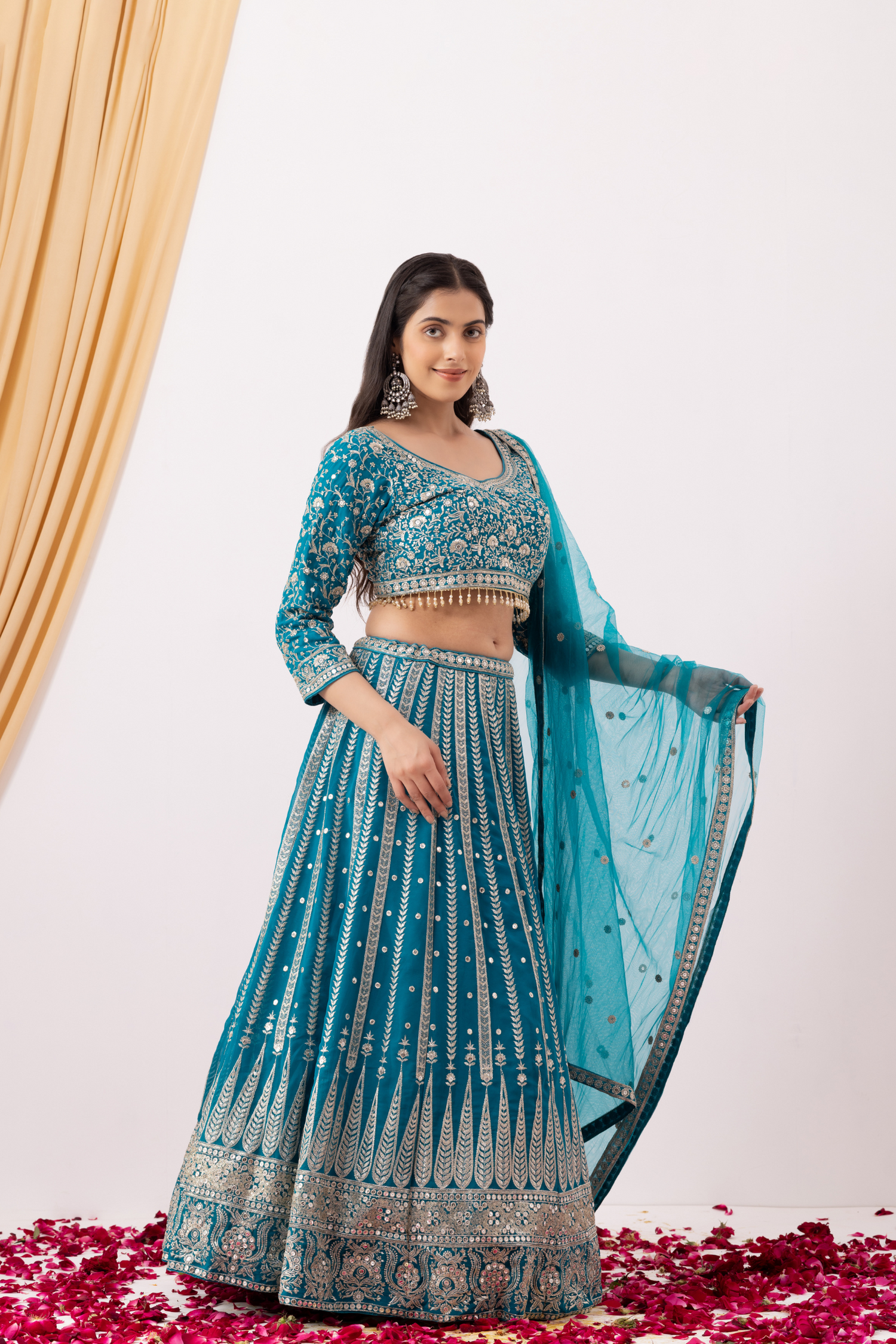 Turquoise Blue Lehenga Set with Zari Embellished Blouse and Embellished Cape