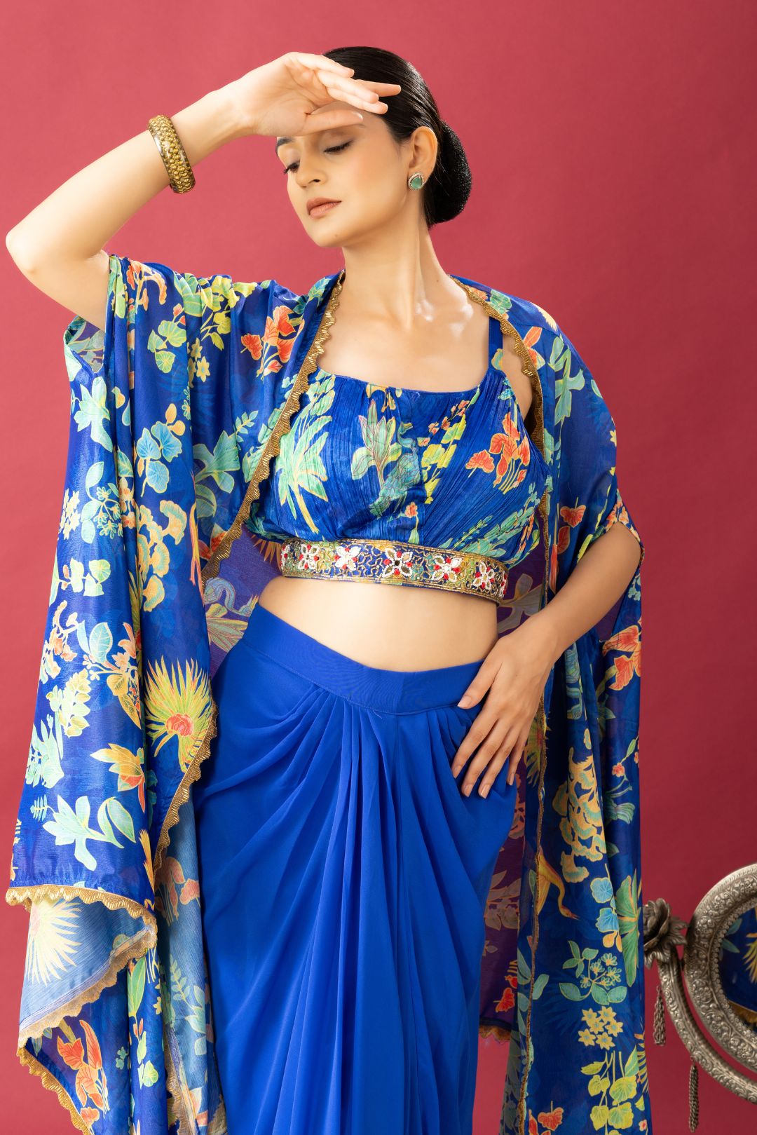 Blue Drape Skirt Set with Multicolor Cape