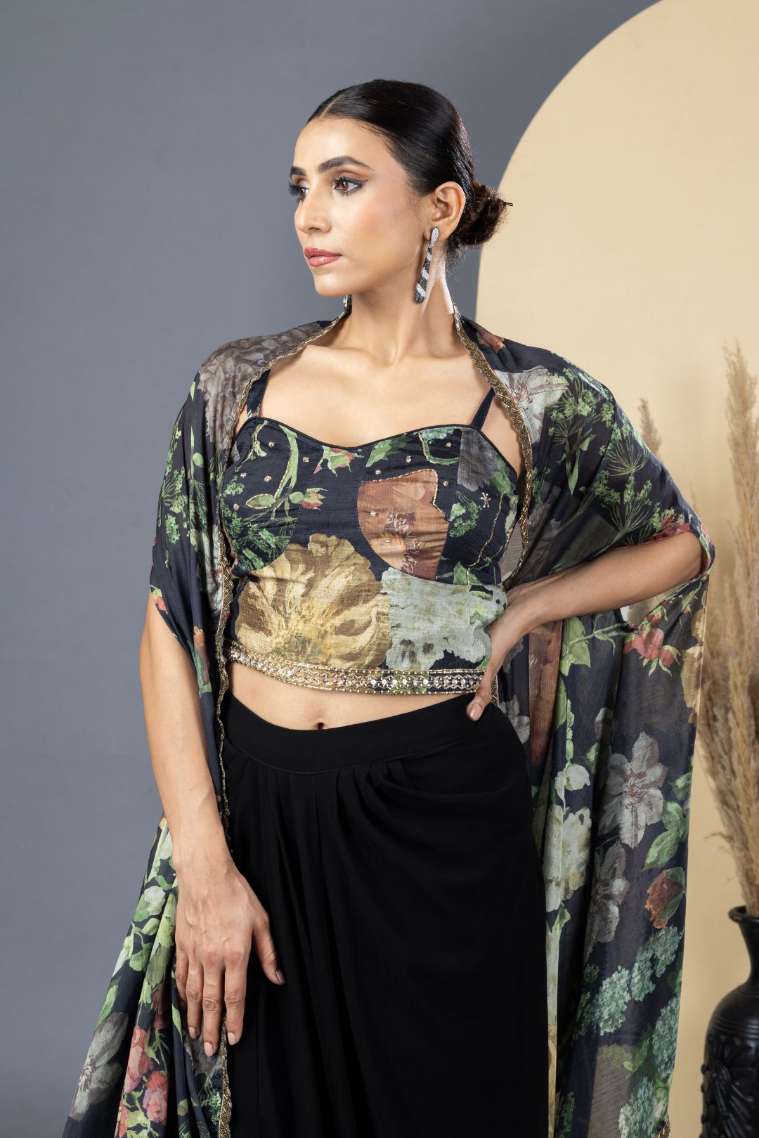 Black Floral Print Drape Skirt, Choli &amp; Cape Set