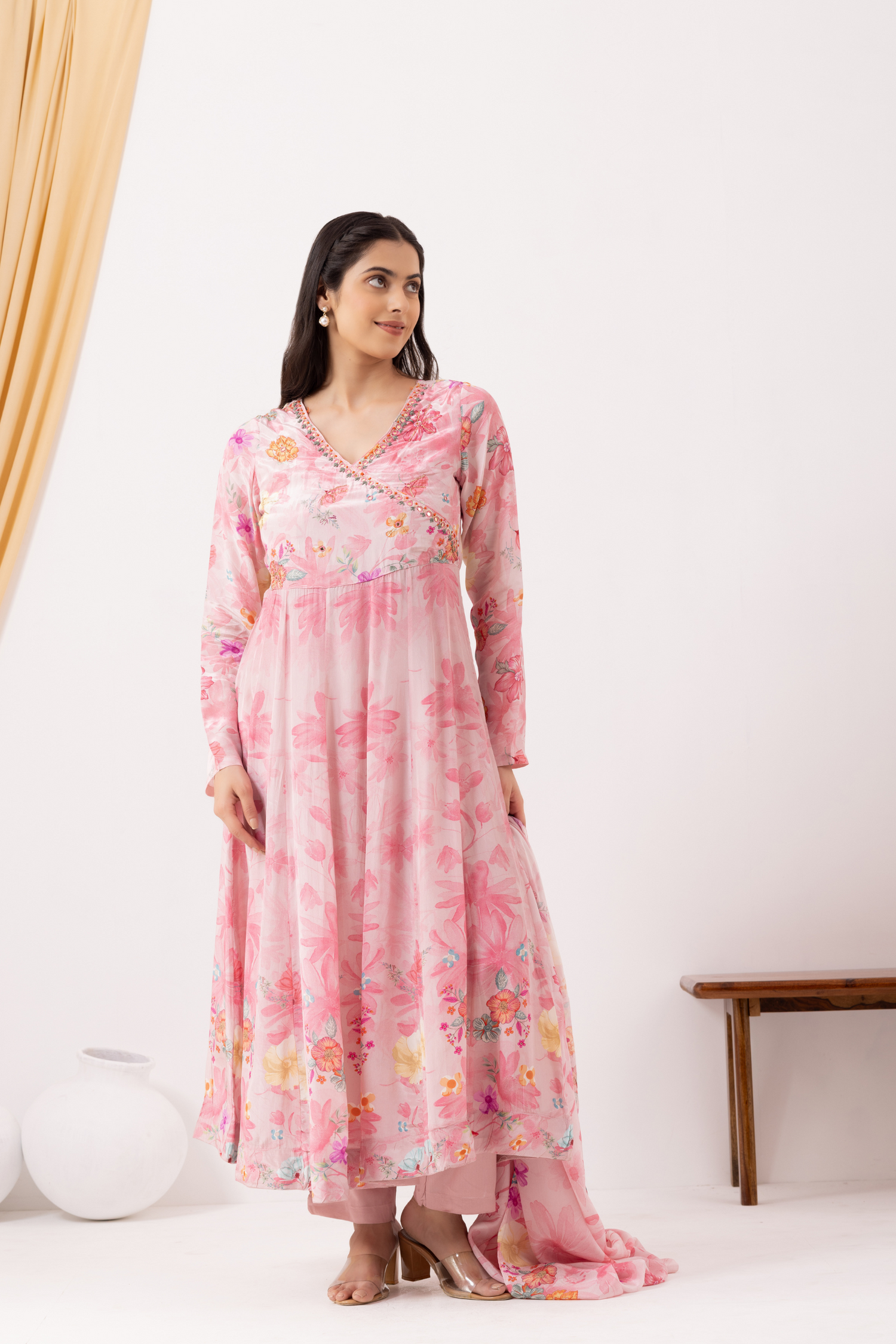 Pink Crepe Printed &amp; Hand Embroidered Angrakha  Style Anarkali Set