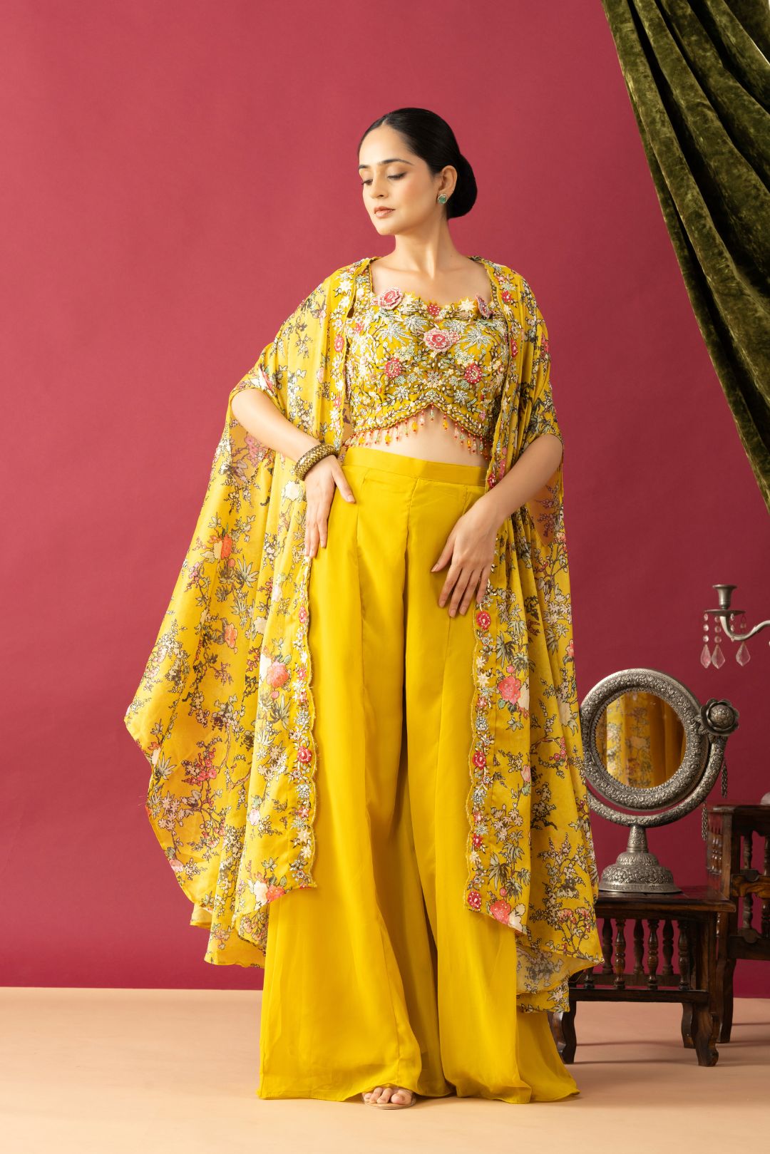 Indo Western Palazzo Set with Floral Printed Cape