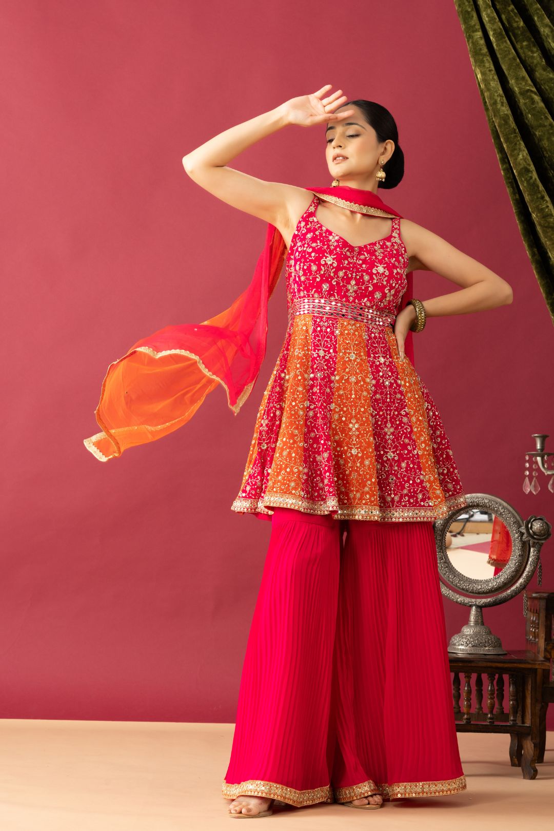 Pink Orange Peplum Sharara Set