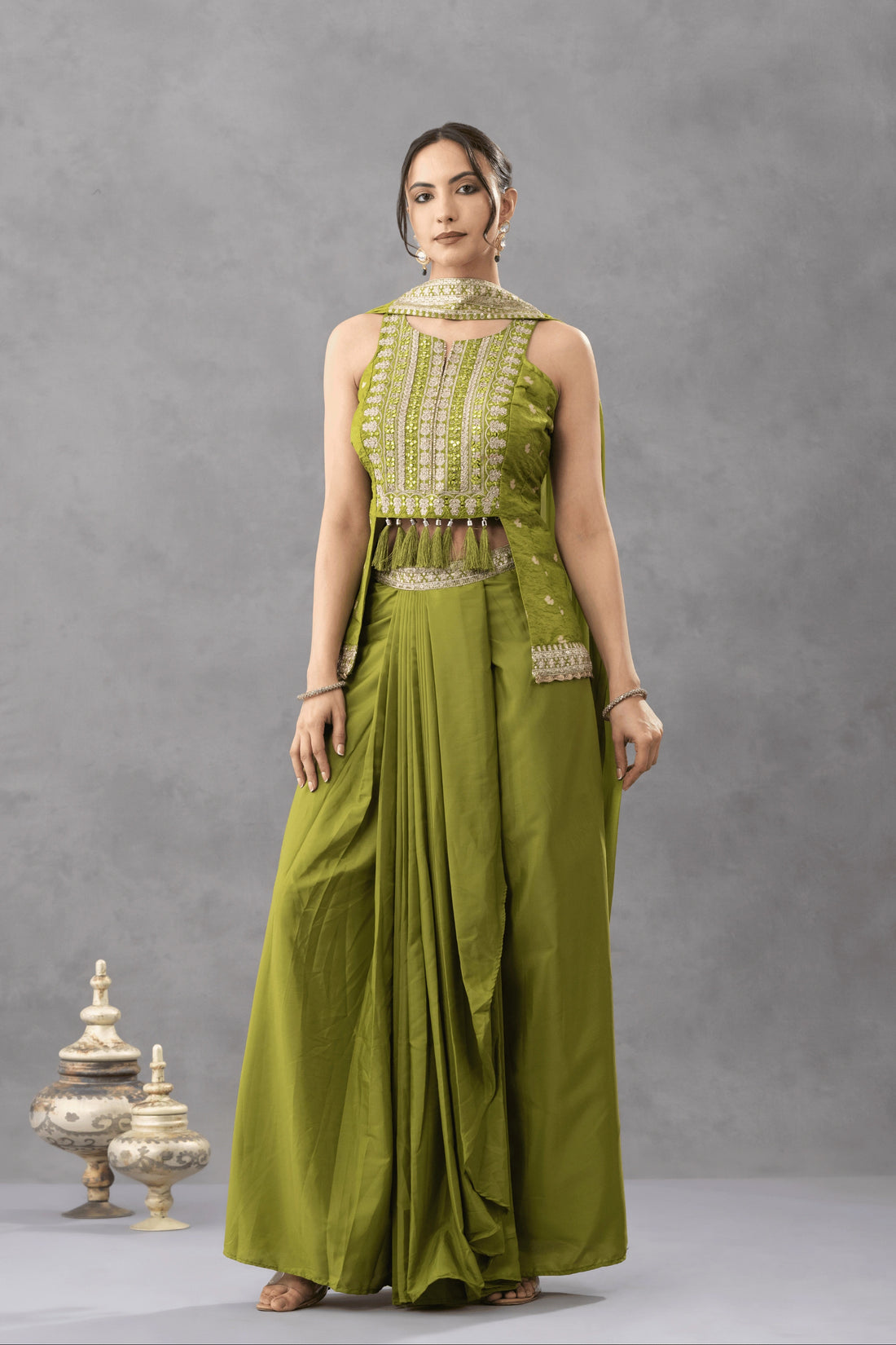 Green Embroidered Peplum Top with Draped Skirt