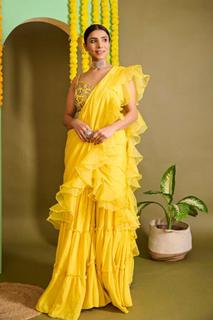 Sunkissed Yellow Organza Sharara Saree Set