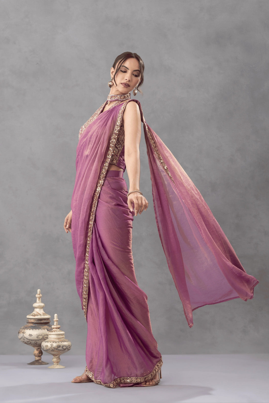 Mauve Draped Saree with Embellished Blouse