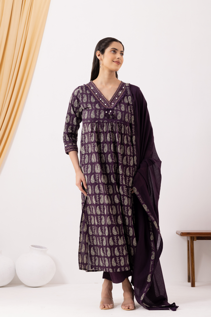 Ethnic Motifs Printed A-Line Kurta Pant with Dupatta Set