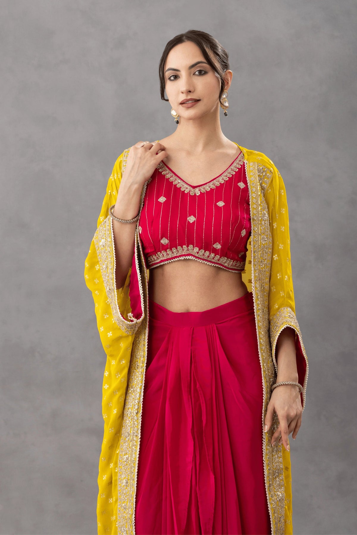 Magenta Pink Draped Skirt Set with Embellished Blouse &amp; Yellow Cape