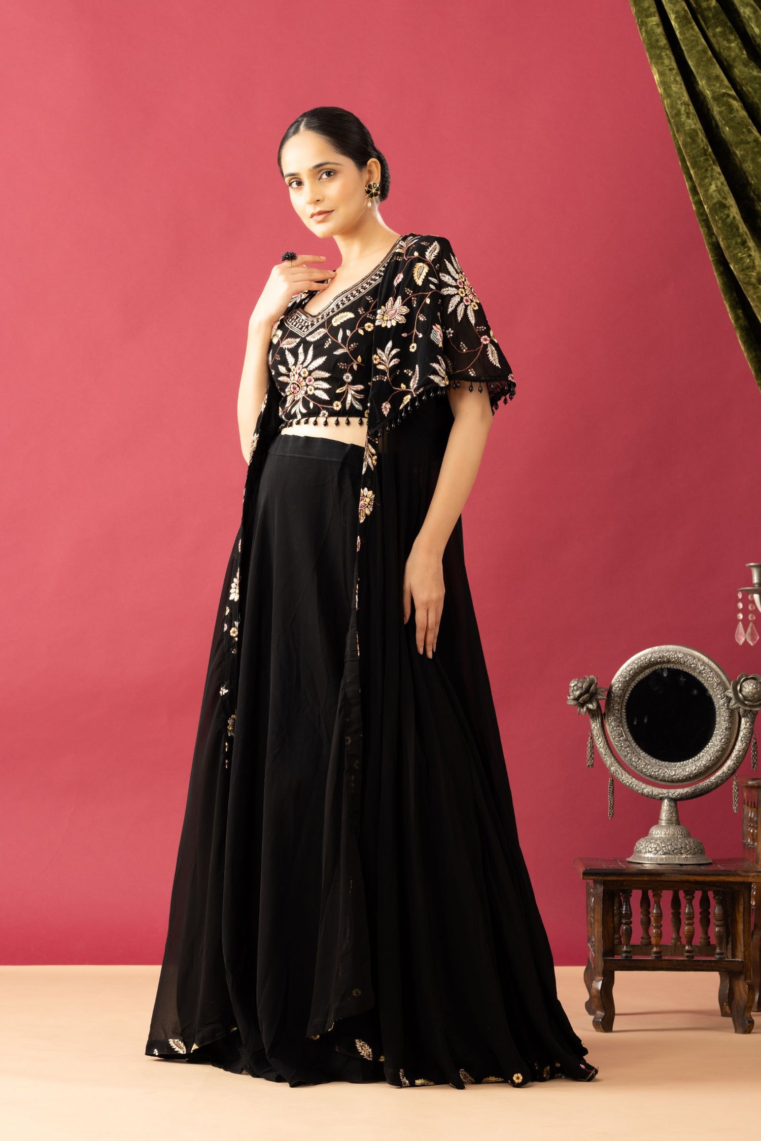 Embroidered Black Lehenga set in Cape Style